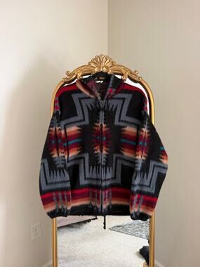 Vintage Tejidos Ruminahui Ecuador Aztec Southwestern Zip Up Hoodie Jacket